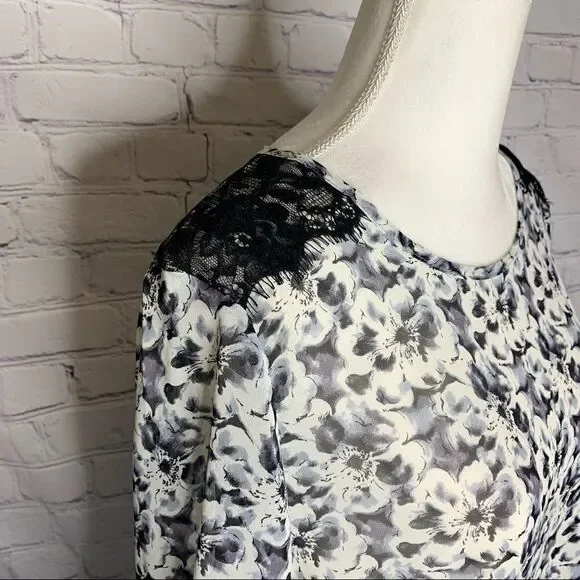 Lumiere Black and white floral semi-sheer lace shoulder long sleeve top - Picture 5 of 11